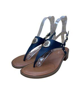 Tommy Hilfiger Women’s Navy Blue Golden Logo Detail Block Heel Sandals Size 9.5
